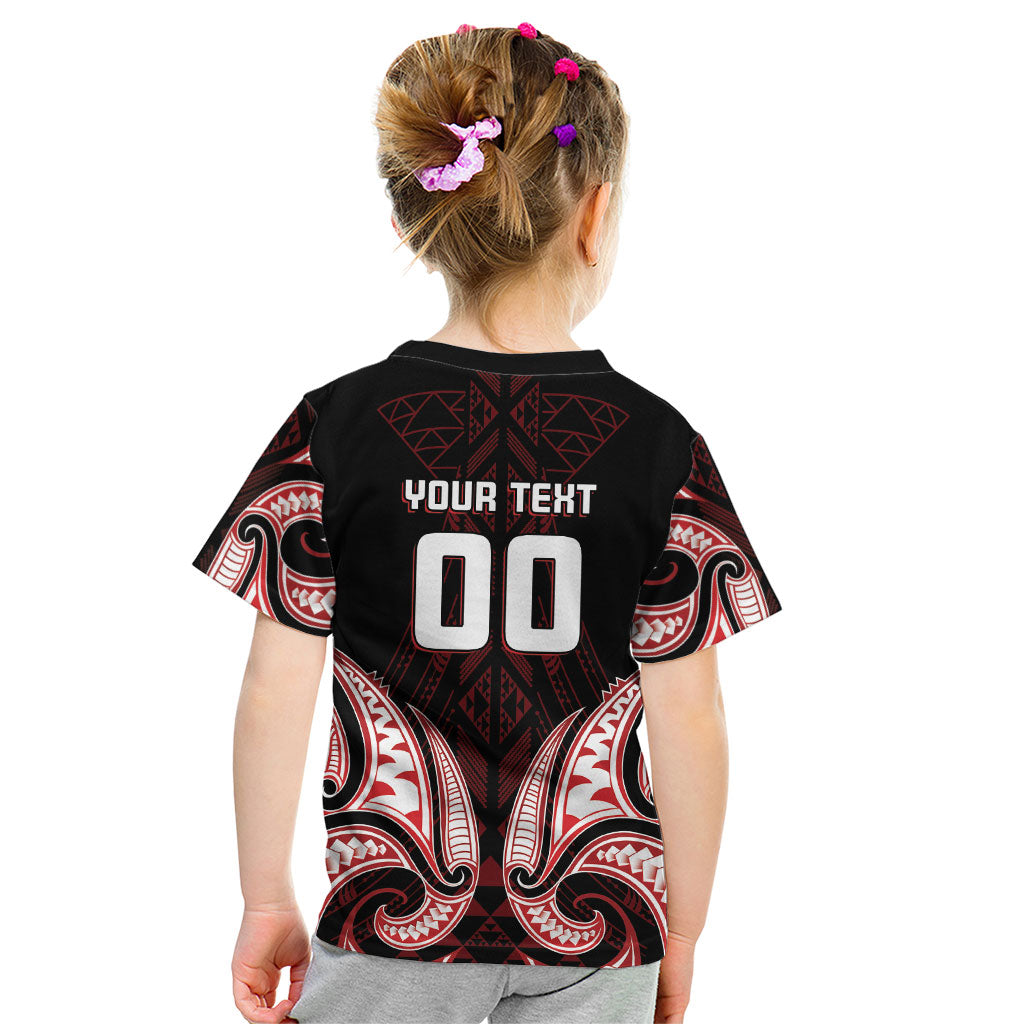 Maori Rugby Custom Ngaru Mangopare Kid T Shirt Black Red Whetu Niho Taniwha Motif