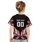 Maori Rugby Custom Ngaru Mangopare Kid T Shirt Black Red Whetu Niho Taniwha Motif