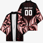 Maori Rugby Custom Ngaru Mangopare Kimono Black Red Whetu Niho Taniwha Motif