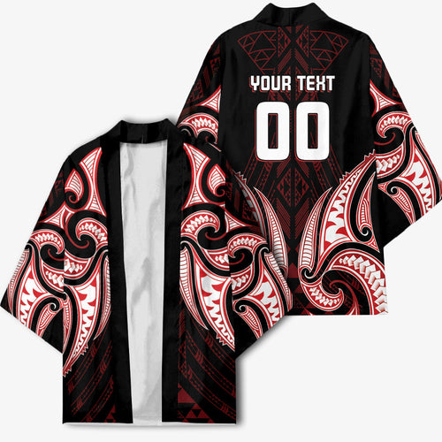 Maori Rugby Custom Ngaru Mangopare Kimono Black Red Whetu Niho Taniwha Motif