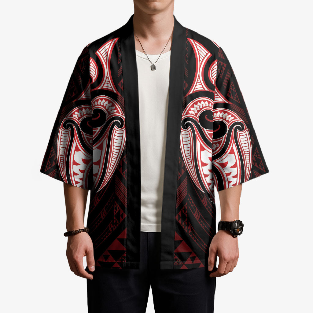 Maori Rugby Custom Ngaru Mangopare Kimono Black Red Whetu Niho Taniwha Motif