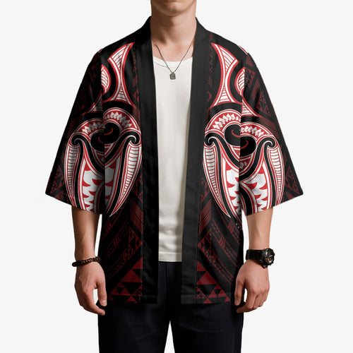 Maori Rugby Custom Ngaru Mangopare Kimono Black Red Whetu Niho Taniwha Motif