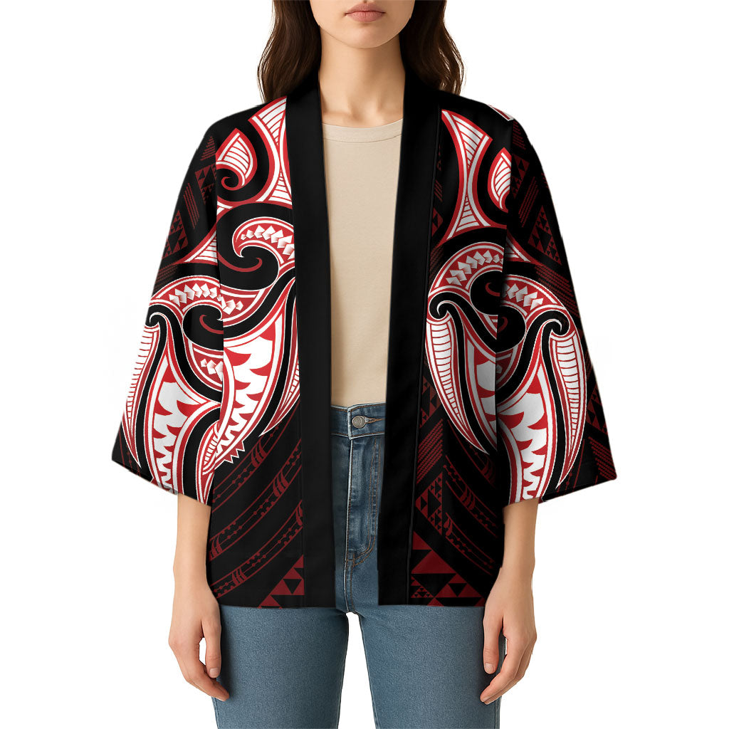 Maori Rugby Custom Ngaru Mangopare Kimono Black Red Whetu Niho Taniwha Motif