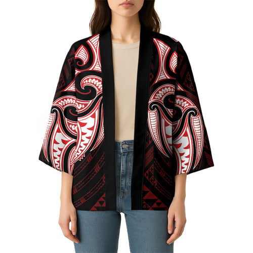 Maori Rugby Custom Ngaru Mangopare Kimono Black Red Whetu Niho Taniwha Motif