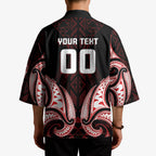 Maori Rugby Custom Ngaru Mangopare Kimono Black Red Whetu Niho Taniwha Motif