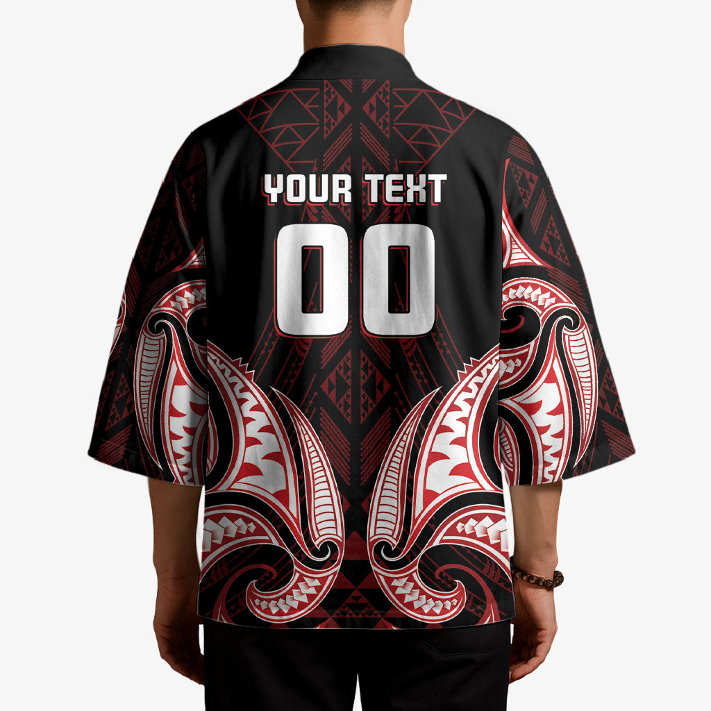 Maori Rugby Custom Ngaru Mangopare Kimono Black Red Whetu Niho Taniwha Motif