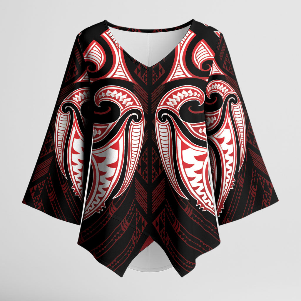 Maori Rugby Custom Ngaru Mangopare Kimono Sleeve Blouse Black Red Whetu Niho Taniwha Motif