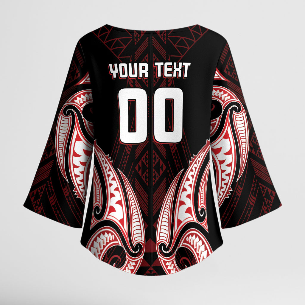 Maori Rugby Custom Ngaru Mangopare Kimono Sleeve Blouse Black Red Whetu Niho Taniwha Motif