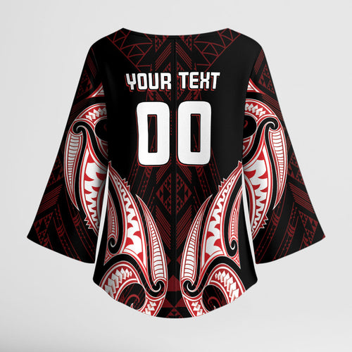 Maori Rugby Custom Ngaru Mangopare Kimono Sleeve Blouse Black Red Whetu Niho Taniwha Motif