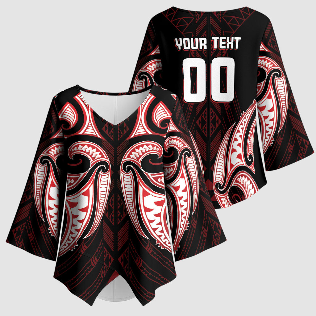 Maori Rugby Custom Ngaru Mangopare Kimono Sleeve Blouse Black Red Whetu Niho Taniwha Motif