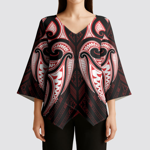 Maori Rugby Custom Ngaru Mangopare Kimono Sleeve Blouse Black Red Whetu Niho Taniwha Motif