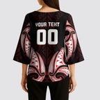 Maori Rugby Custom Ngaru Mangopare Kimono Sleeve Blouse Black Red Whetu Niho Taniwha Motif