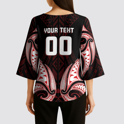 Maori Rugby Custom Ngaru Mangopare Kimono Sleeve Blouse Black Red Whetu Niho Taniwha Motif