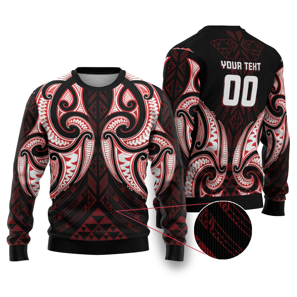 Maori Rugby Custom Ngaru Mangopare Ugly Christmas Sweater Black Red Whetu Niho Taniwha Motif
