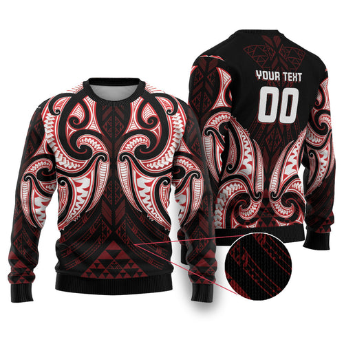 Maori Rugby Custom Ngaru Mangopare Ugly Christmas Sweater Black Red Whetu Niho Taniwha Motif