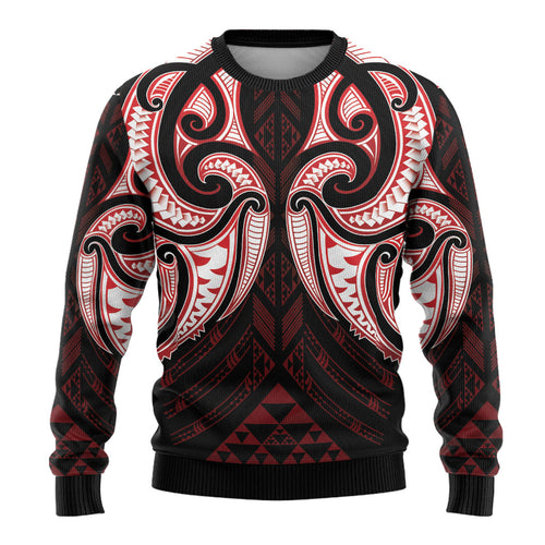 Maori Rugby Custom Ngaru Mangopare Ugly Christmas Sweater Black Red Whetu Niho Taniwha Motif