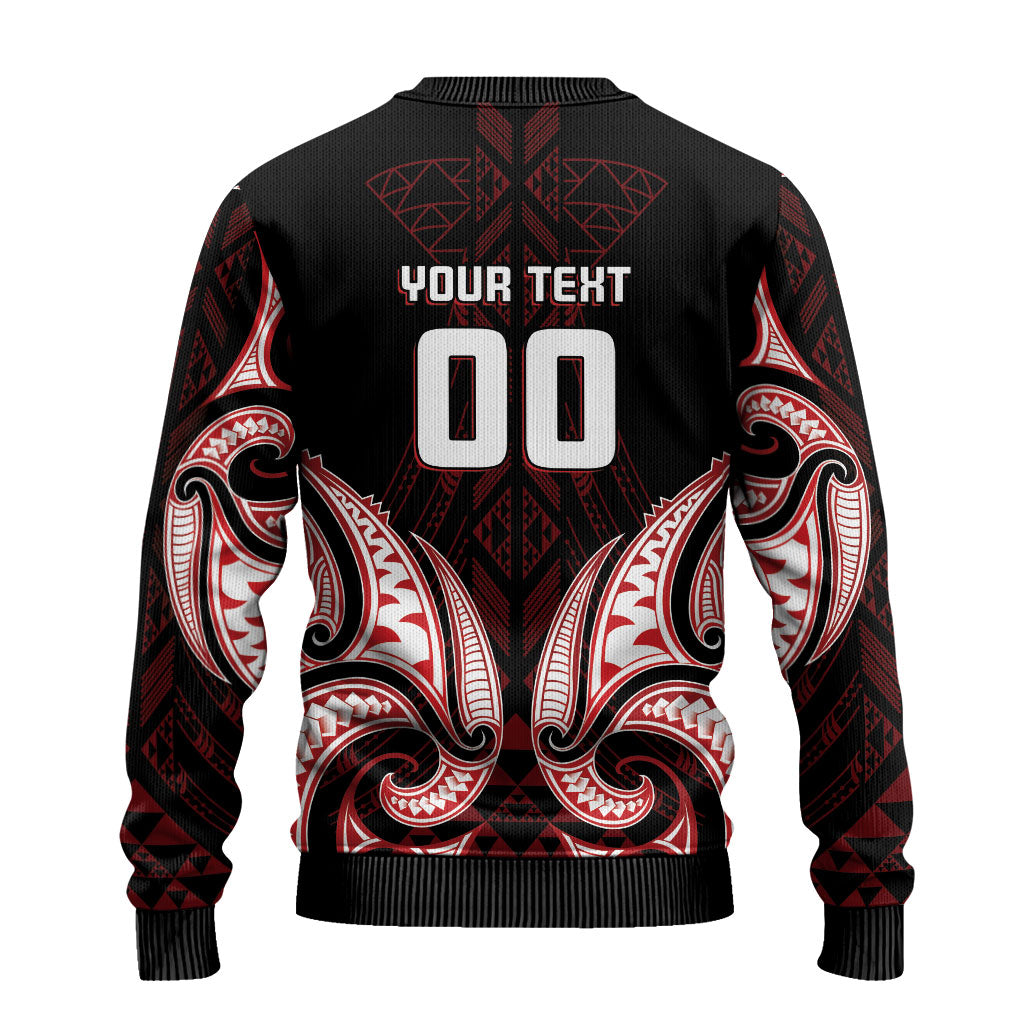 Maori Rugby Custom Ngaru Mangopare Ugly Christmas Sweater Black Red Whetu Niho Taniwha Motif