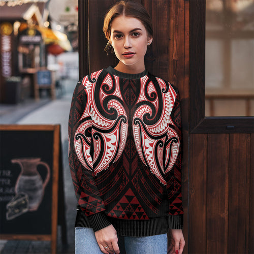 Maori Rugby Custom Ngaru Mangopare Ugly Christmas Sweater Black Red Whetu Niho Taniwha Motif