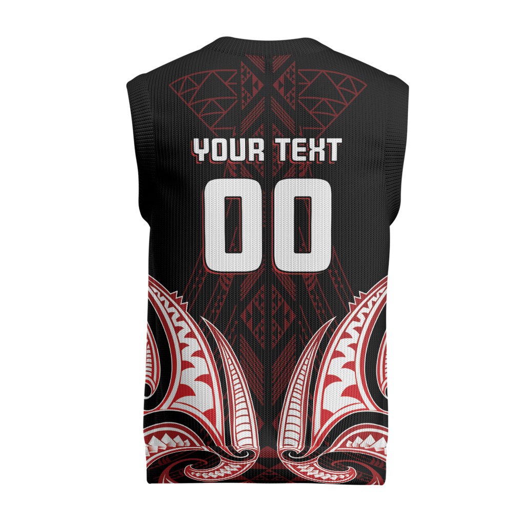 Maori Rugby Custom Ngaru Mangopare Christmas Knitted V-Neck Vest Black Red Whetu Niho Taniwha Motif