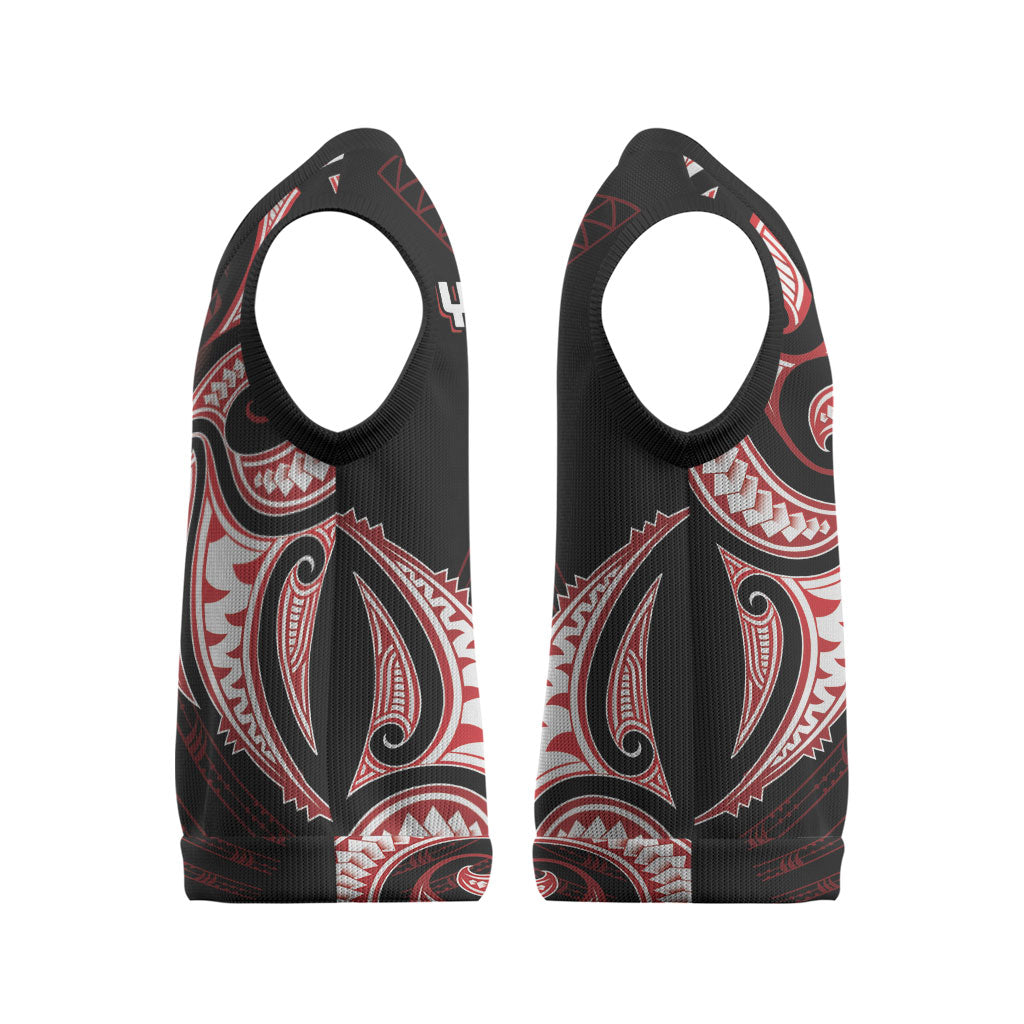 Maori Rugby Custom Ngaru Mangopare Christmas Knitted V-Neck Vest Black Red Whetu Niho Taniwha Motif