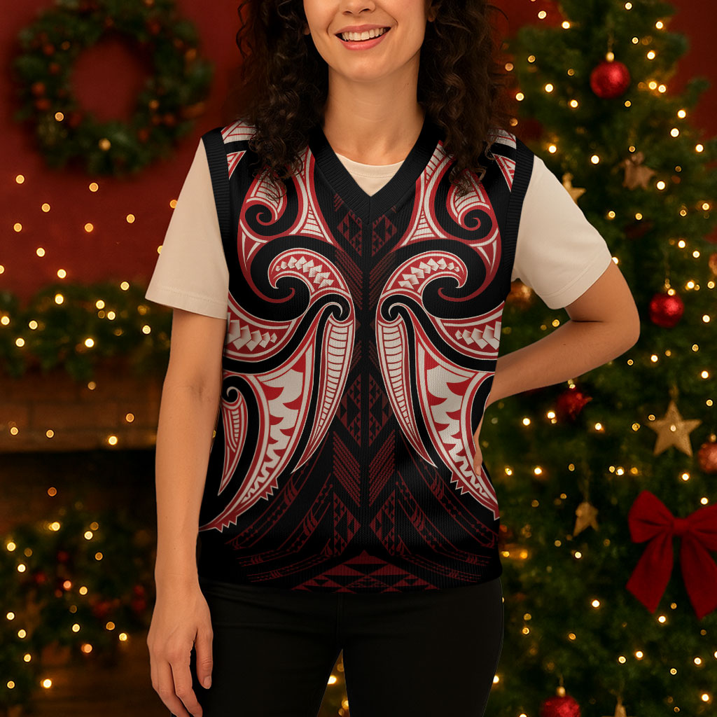 Maori Rugby Custom Ngaru Mangopare Christmas Knitted V-Neck Vest Black Red Whetu Niho Taniwha Motif