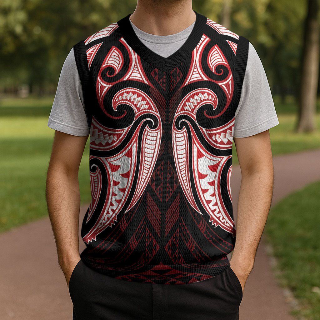 Maori Rugby Custom Ngaru Mangopare Christmas Knitted V-Neck Vest Black Red Whetu Niho Taniwha Motif