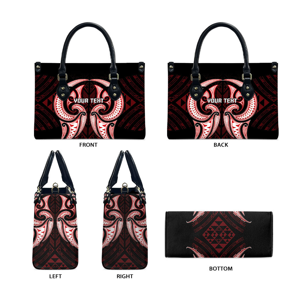 Maori Rugby Custom Ngaru Mangopare Leather Bag Black Red Whetu Niho Taniwha Motif