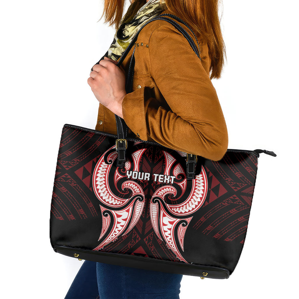 Maori Rugby Custom Ngaru Mangopare Leather Tote Bag Black Red Whetu Niho Taniwha Motif