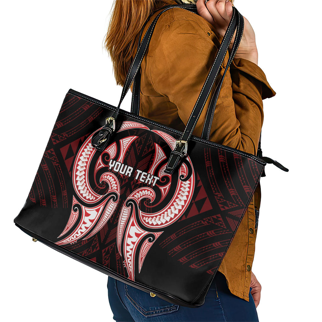 Maori Rugby Custom Ngaru Mangopare Leather Tote Bag Black Red Whetu Niho Taniwha Motif
