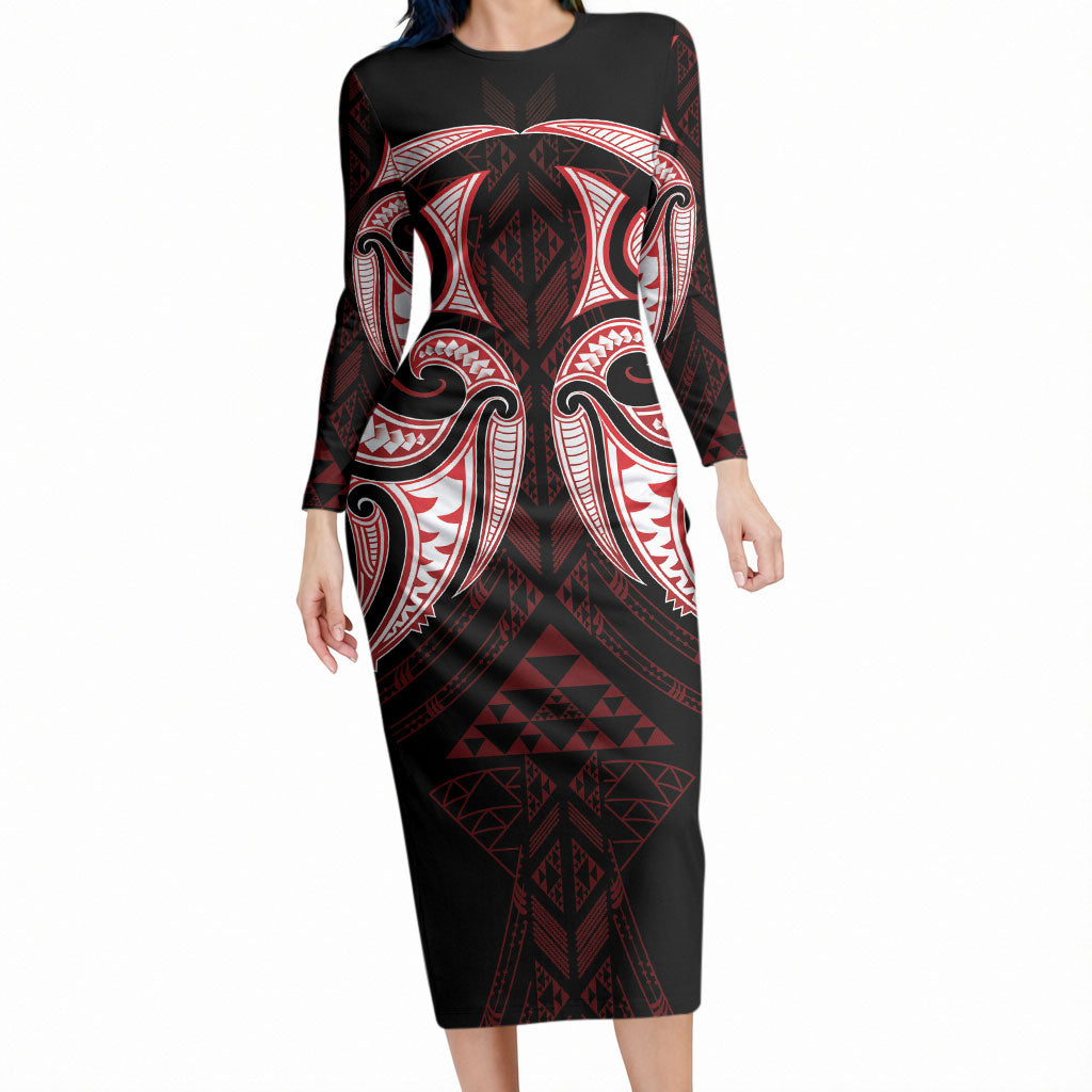 Maori Rugby Custom Ngaru Mangopare Long Sleeve Bodycon Dress Black Red Whetu Niho Taniwha Motif