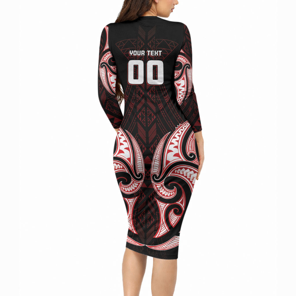 Maori Rugby Custom Ngaru Mangopare Long Sleeve Bodycon Dress Black Red Whetu Niho Taniwha Motif