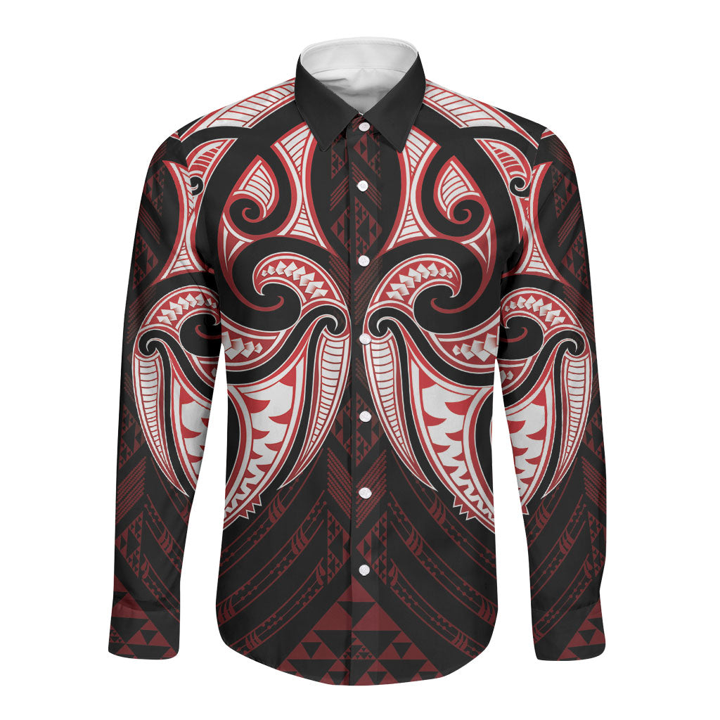 Maori Rugby Custom Ngaru Mangopare Long Sleeve Button Shirt Black Red Whetu Niho Taniwha Motif