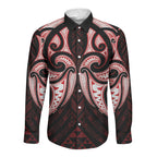 Maori Rugby Custom Ngaru Mangopare Long Sleeve Button Shirt Black Red Whetu Niho Taniwha Motif