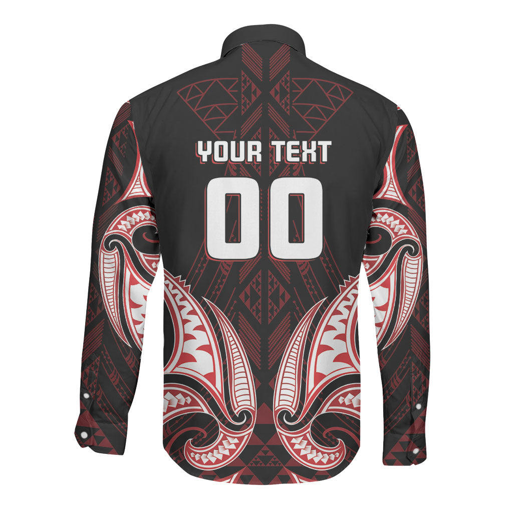Maori Rugby Custom Ngaru Mangopare Long Sleeve Button Shirt Black Red Whetu Niho Taniwha Motif