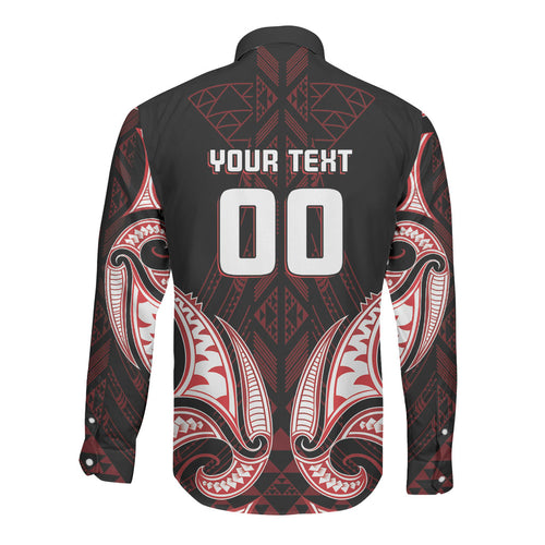 Maori Rugby Custom Ngaru Mangopare Long Sleeve Button Shirt Black Red Whetu Niho Taniwha Motif