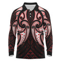Maori Rugby Custom Ngaru Mangopare Long Sleeve Polo Shirt Black Red Whetu Niho Taniwha Motif