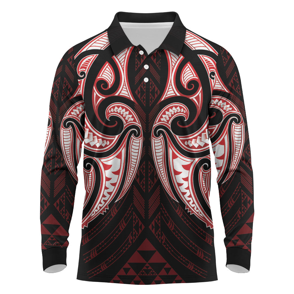 Maori Rugby Custom Ngaru Mangopare Long Sleeve Polo Shirt Black Red Whetu Niho Taniwha Motif