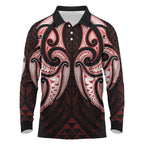 Maori Rugby Custom Ngaru Mangopare Long Sleeve Polo Shirt Black Red Whetu Niho Taniwha Motif