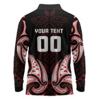 Maori Rugby Custom Ngaru Mangopare Long Sleeve Polo Shirt Black Red Whetu Niho Taniwha Motif