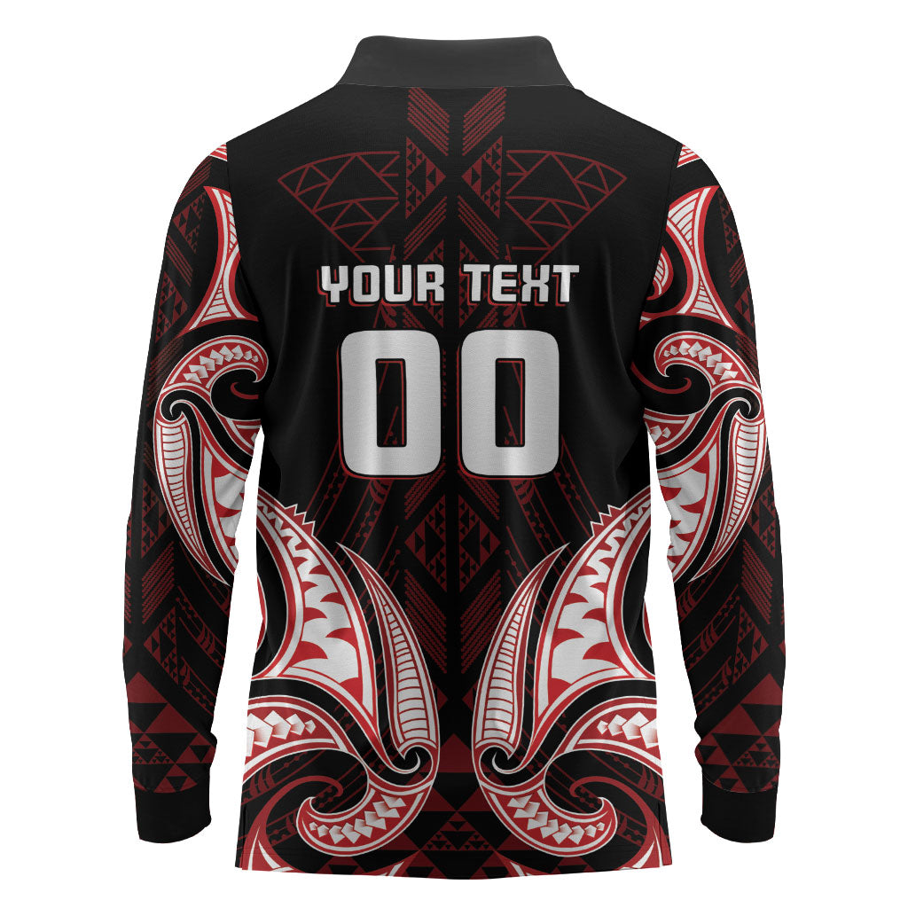 Maori Rugby Custom Ngaru Mangopare Long Sleeve Polo Shirt Black Red Whetu Niho Taniwha Motif