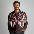 Maori Rugby Custom Ngaru Mangopare Long Sleeve Polo Shirt Black Red Whetu Niho Taniwha Motif