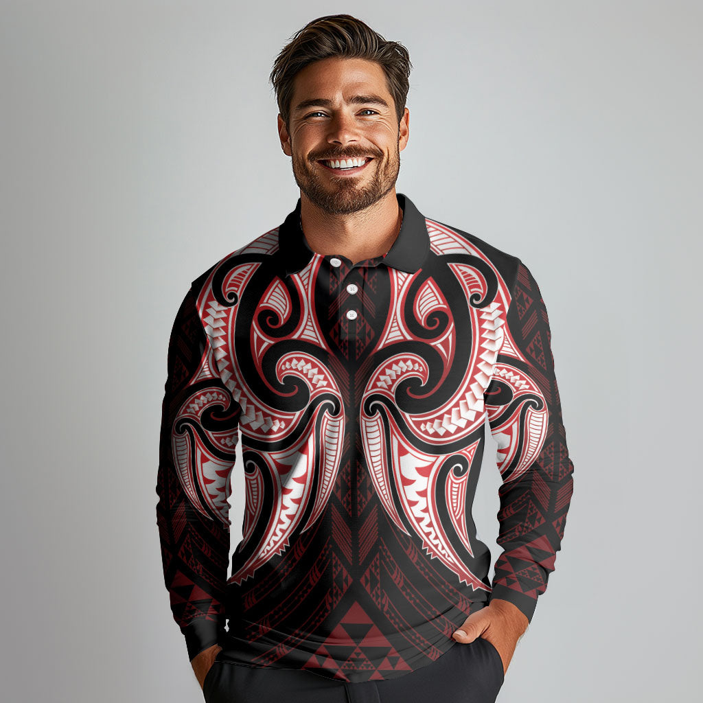 Maori Rugby Custom Ngaru Mangopare Long Sleeve Polo Shirt Black Red Whetu Niho Taniwha Motif