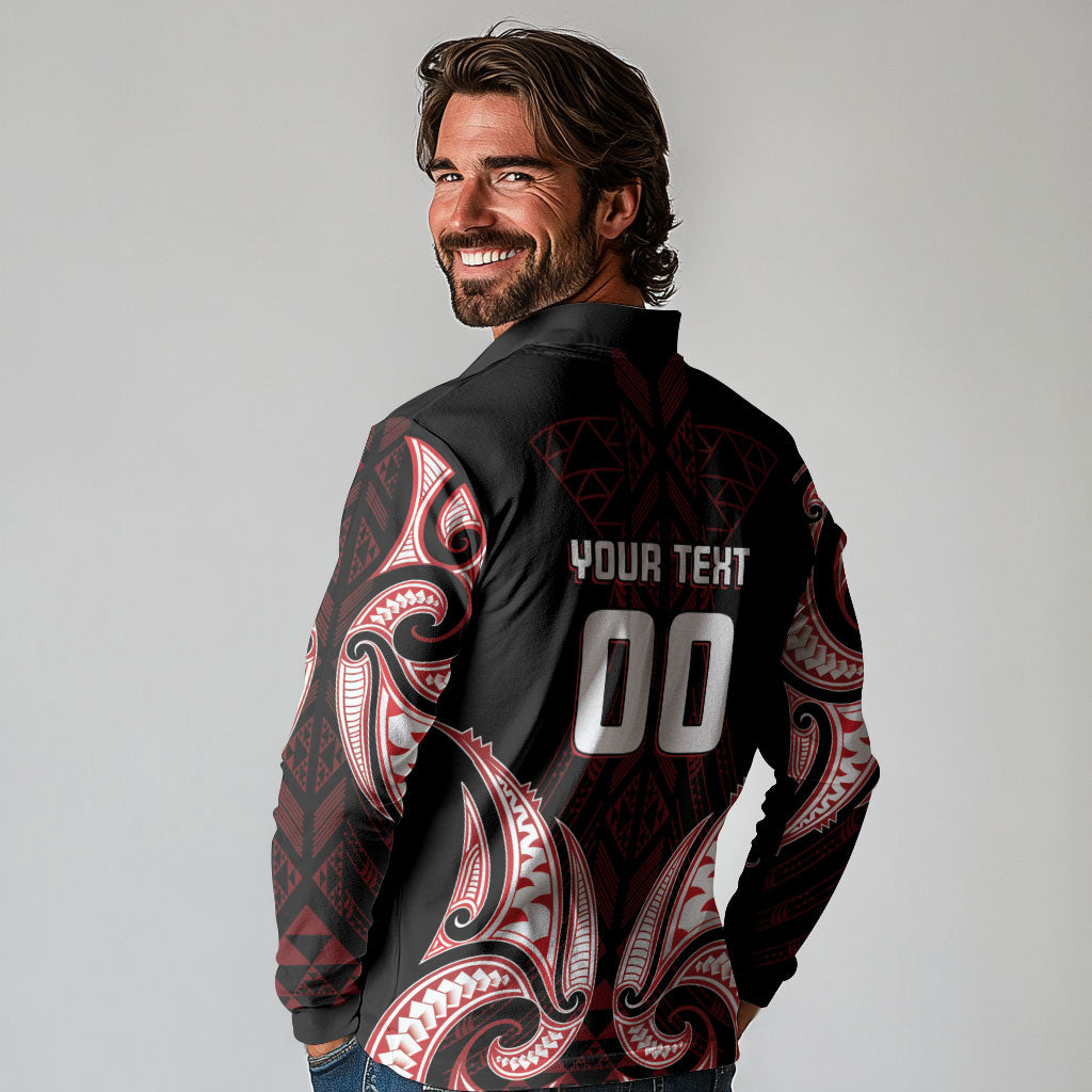 Maori Rugby Custom Ngaru Mangopare Long Sleeve Polo Shirt Black Red Whetu Niho Taniwha Motif
