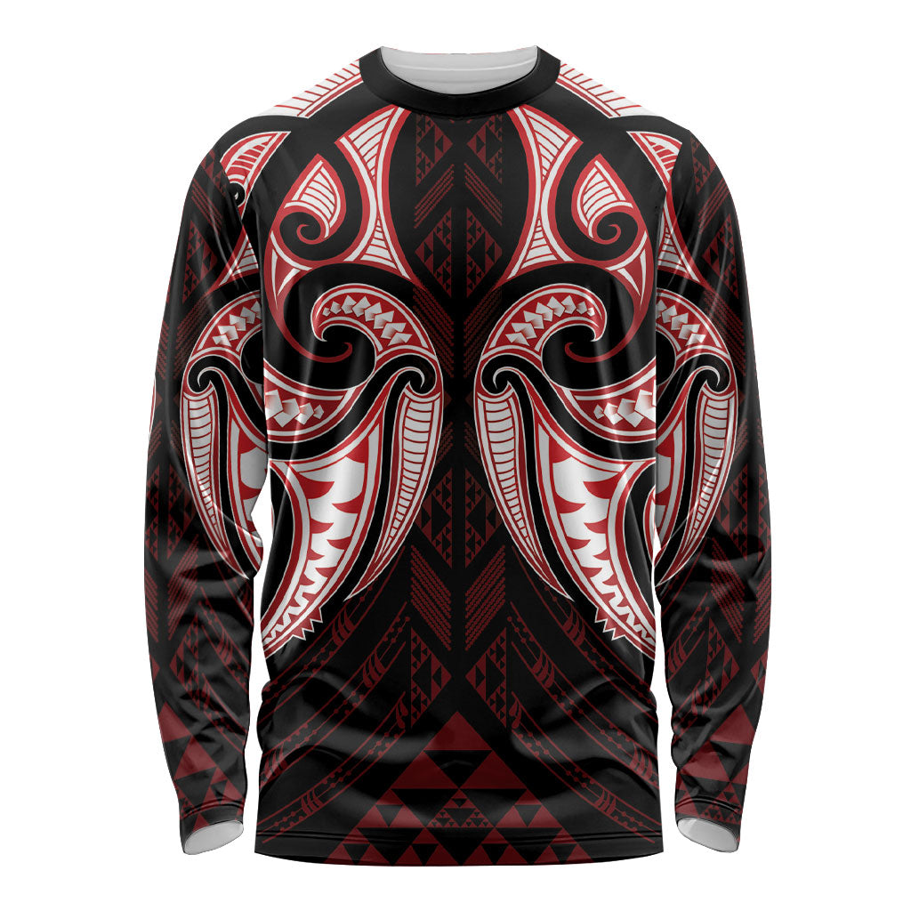 Maori Rugby Custom Ngaru Mangopare Long Sleeve Shirt Black Red Whetu Niho Taniwha Motif