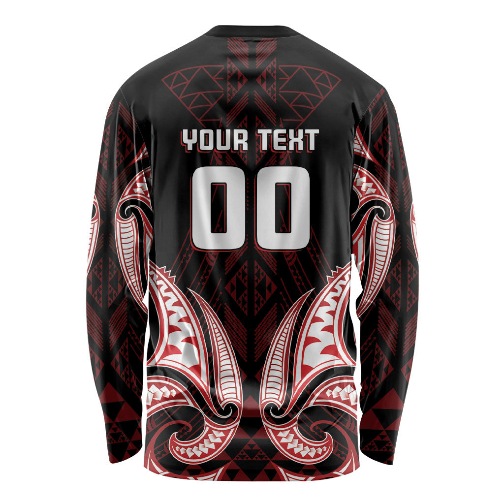 Maori Rugby Custom Ngaru Mangopare Long Sleeve Shirt Black Red Whetu Niho Taniwha Motif