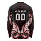 Maori Rugby Custom Ngaru Mangopare Long Sleeve Shirt Black Red Whetu Niho Taniwha Motif