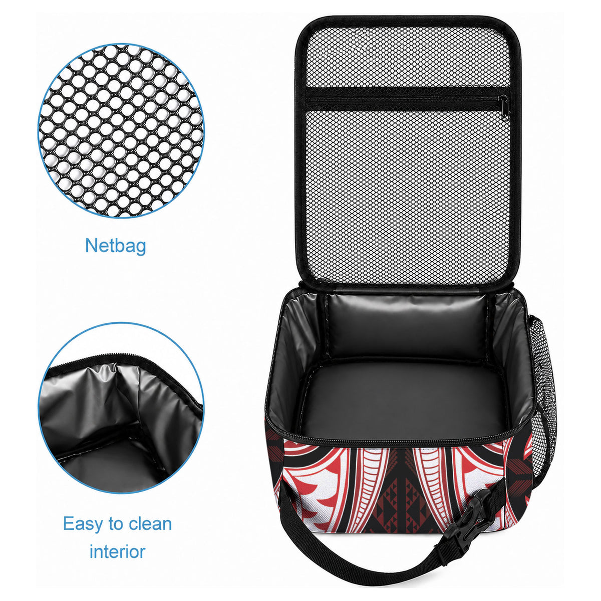 Maori Rugby Custom Ngaru Mangopare Lunch Bag Black Red Whetu Niho Taniwha Motif