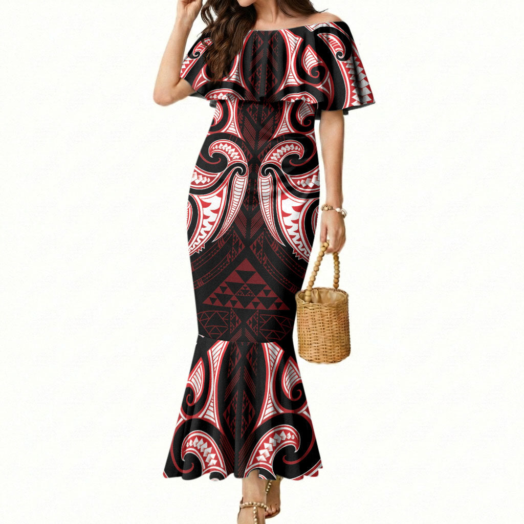 Maori Rugby Custom Ngaru Mangopare Mermaid Dress Black Red Whetu Niho Taniwha Motif