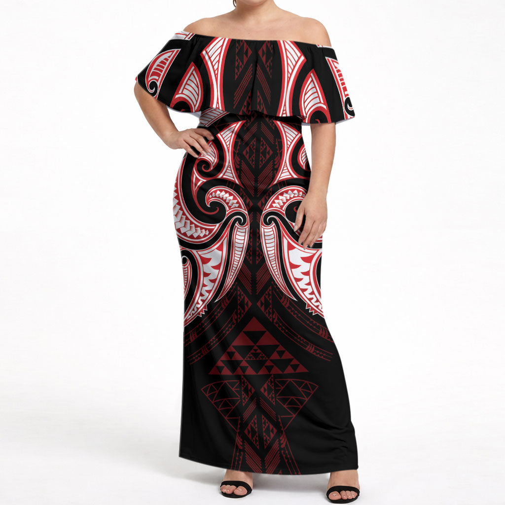 Maori Rugby Custom Ngaru Mangopare Off Shoulder Maxi Dress Black Red Whetu Niho Taniwha Motif