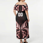 Maori Rugby Custom Ngaru Mangopare Off Shoulder Maxi Dress Black Red Whetu Niho Taniwha Motif